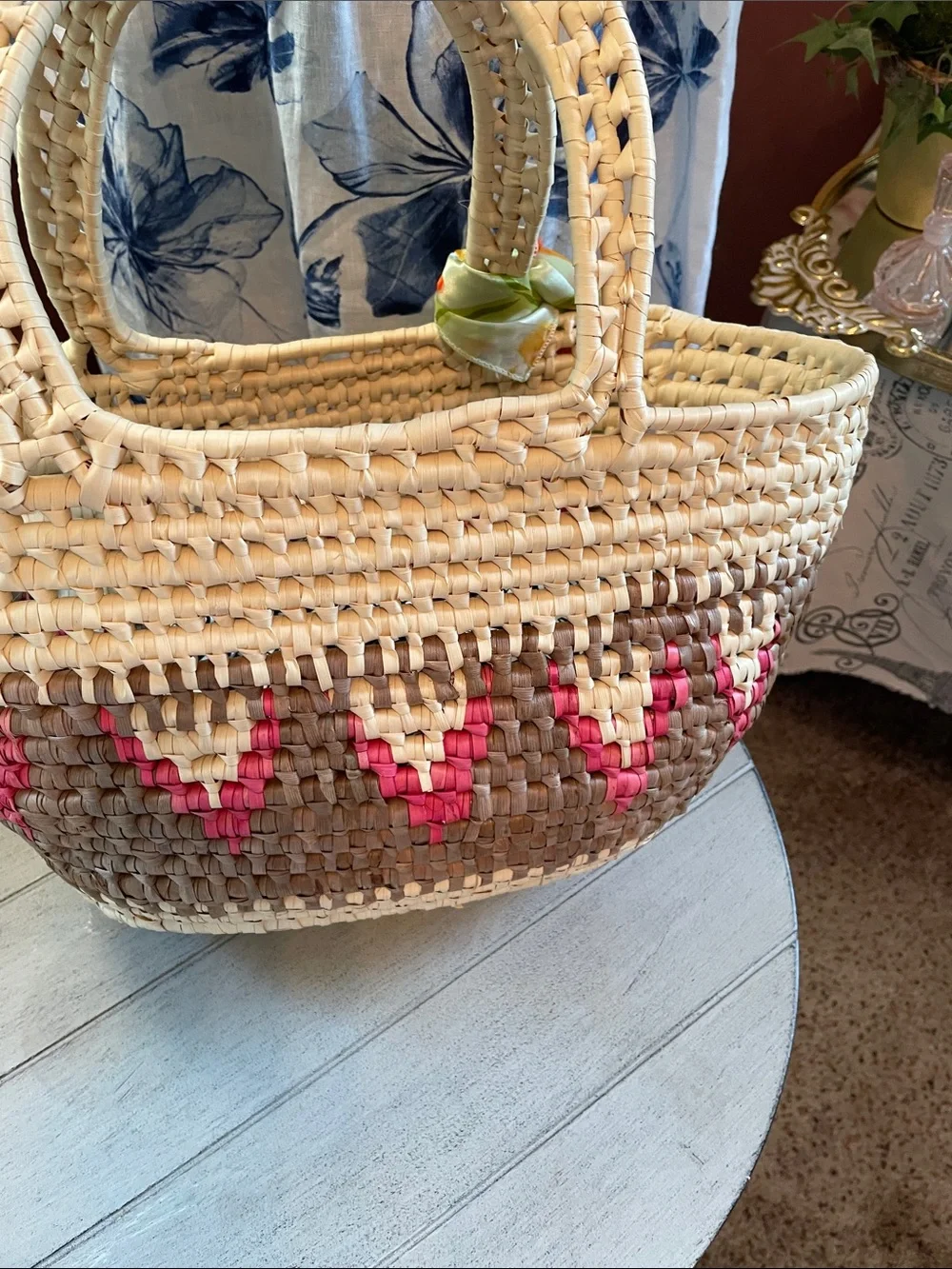 Woven Straw Tote Bag with Pink Accent and scarf